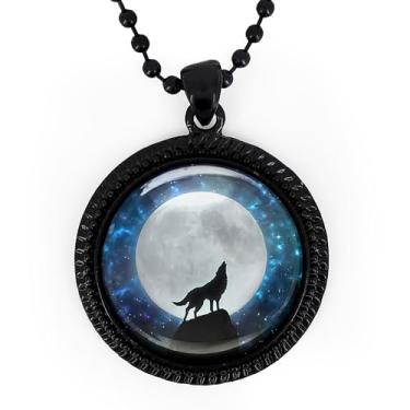 Imagem de Colar com silhueta de lobo - Pingente Uivo na Lua, joia artesanal de animais espirituais, prata ou preto - 971-RN, Large, Metal, Sem Pedra Preciosa