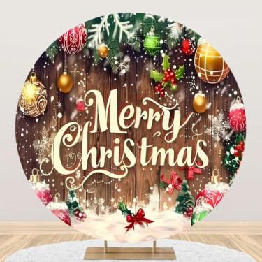 Imagem de DORCEV 2,2 x 2,2 m Capa de fundo redonda brilhante Feliz Natal pranchas de madeira marrom folhas verdes bolas de Natal círculo pano de fundo véspera de ano novo festa de Natal fundo fotografia de
