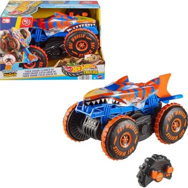 Imagem de Hot Wheels Monster Truck Tiger Shark alpinista, veículo telecomandado de brinquedo com 3 modos de jogo de corrida, escalada e acrobacias, JFR39