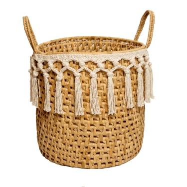 Imagem de Cesto Artesanal Boho com Franjas 30 cm – Palha de Carnaúba e Macramê, Organizador Estilo Descomplicado