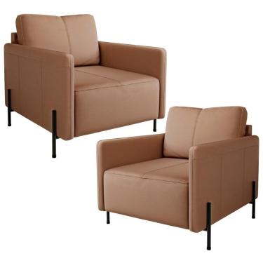 Imagem de Kit 2 Poltronas Decorativa Para Sala Living Pés Industrial Domani L06 Couro Marrom - Lyam Decor