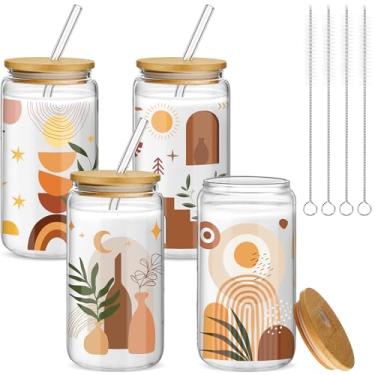 Imagem de Mumufy Presente para mulheres copo de vidro fofo copo flor gelado canecas de café 473 ml vidro com tampa de bambu e canudo, presente de aniversário de dia das mães para mãe irmã dama de honra chá de