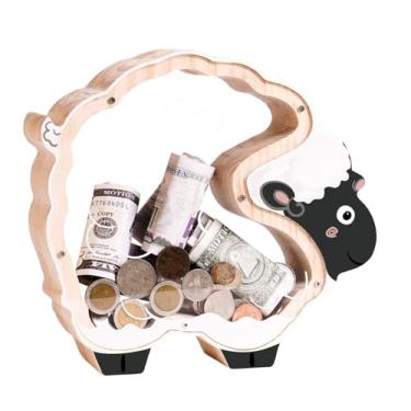 Imagem de Cofrinho de ovelha de madeira para crianças, cofrinho inquebrável para crianças com adesivo de carta, caixa de dinheiro de madeira para presente de aniversário personalizável, brinquedo educativo para