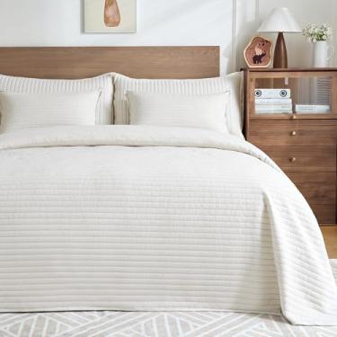 Imagem de ROMROL Conjunto de edredom de veludo luxuoso Queen Size com 3 peças, macio e aconchegante conjunto de edredom de veludo listrado com 2 fronhas, conjunto de cama leve para todas as estações (branco