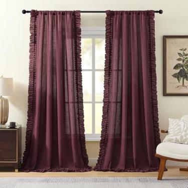 Imagem de Cortinas de linho bordô 246 cm de comprimento, 2 painéis, L 127 x C 246 cm, cortinas de linho texturizadas Boho Farmhouse marrom com babados para sala de estar, bolso de haste, privacidade, filtragem