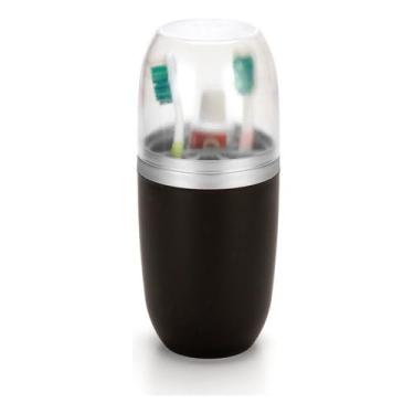 Imagem de Porta Escova, Pasta Dente Tampa Plástica Pia Banheiro Lavabo Viagem(Preto Com Cromado)