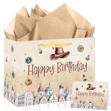 Imagem de Bolsa de presente de aniversário de bruxa mágica para crianças, meninos, meninas, marrom, bruxa, feliz aniversário, com cartão de papel de embrulho, grande, vintage, bolsa de presente de castelo para