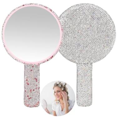 Imagem de Espelho de maquiagem de noiva para mulheres com strass portátil para meninas, espelho de salão de beleza, vintage 2 cosméticos de mão brilhantes de casamento (rosa, espelhos brancos)