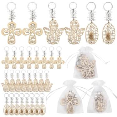 Imagem de LUMINFLY 30 chaveiros de batismo de madeira com sacos de organza, presentes religiosos para cerimônias e eventos especiais