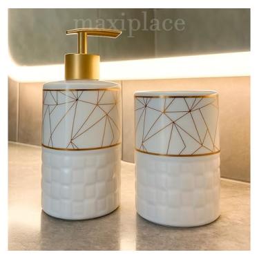 Imagem de Kit Banheiro Porcelana 2 Peças Elegante 320ml Porta Sabonete Líquido Porta Escovas Decoração Moderno