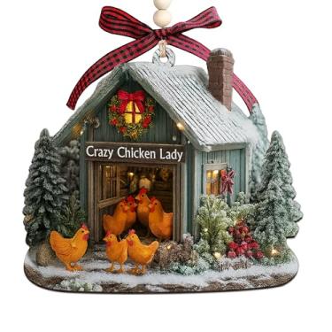 Imagem de Ornamentos de galinha para árvore de Natal 2025 - Presentes de decoração de casa de fazenda para amantes de frango, agricultores, mulheres, homens - Enfeite de madeira de fazenda plana 2D