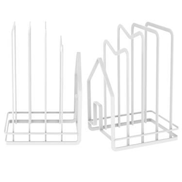 Imagem de Tcwhniev 2 peças de suporte de tábua de corte, suporte de tampa de panela de metal resistente, organizador prático de assadeira para casa, apartamento, trailer, trailer, cozinha (branco)
