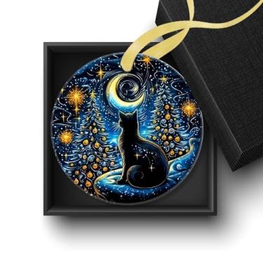 Imagem de Welshower Fantasia céu estrelado enfeites de gato preto, decoração de Natal de gato preto, lua celestial mística noite gatinho azul Natal ornamentos decorativos decorativos para pendurar