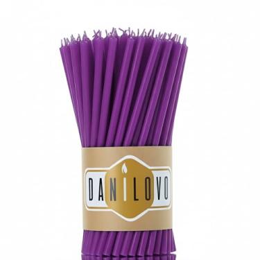 Imagem de Danilovo Velas finas de cera de abelha – velas decorativas com aroma de mel, ideais para decoração de aniversário ou orações da igreja – Roxo, sem gotejamento, alto e sem fumaça, pacote com 50 peças,