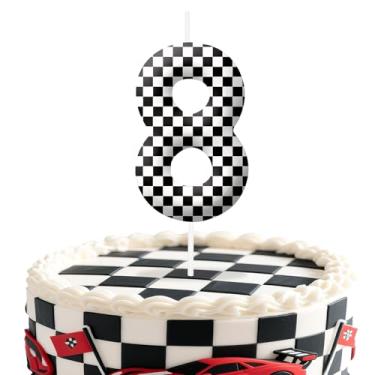Imagem de Velas de aniversário número 8 de carros de corrida, preto e branco, com tema de bandeira quadriculada para meninos e meninas, decorações de bolo para aniversários, suprimentos de festa com tema de