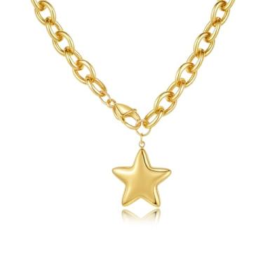 Imagem de Colar feminino com pingente de estrela de ouro grosso banhado a ouro 18 K, colar de corrente de aço inoxidável banhado a ouro 18 K, colar de ouro moderno para presente para namorada, esposa no Dia dos