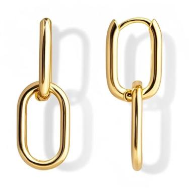 Imagem de Brincos femininos de clipe de papel conversíveis banhados a ouro 14K - Brincos modernos de argola com clipe de papel - argolas pendentes de corrente com zircônia cúbica, Large, Cobre, Sem pedra