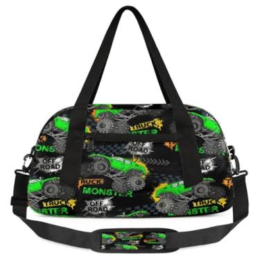 Imagem de Bolsa de viagem de academia para meninos – Bolsa infantil de fim de semana com bolso frontal com zíper para prática escolar, bolsas de mão para adolescentes, Caminhões Monstros Verdes, Carro
