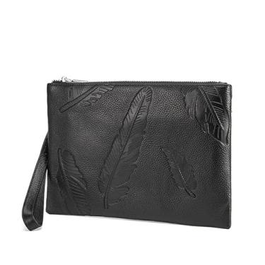 Imagem de Bolsa de mão masculina de couro legítimo, bolsa organizadora vintage com zíper e bloqueio de RFID, carteira de viagem, Preto