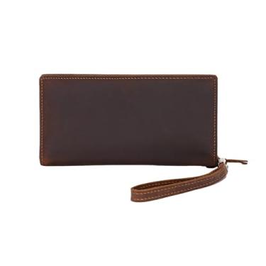 Imagem de Carteira masculina de couro bovino com zíper, organizador longo dobrável com alça de pulso, carteira de viagem marrom vintage com compartimentos para cartões e porta-cheques