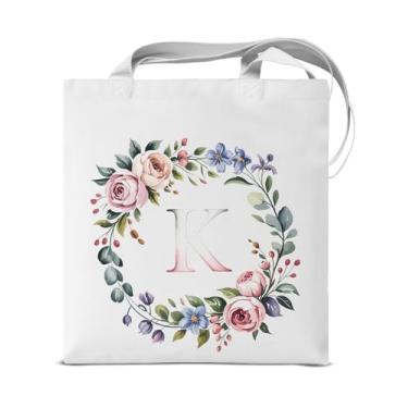 Imagem de KSFFWQIN Sacola de lona inicial K para mulheres, meninas, floral, letra K, personalizada, reutilizável, mercearia, bolsa de ombro para compras, praia, viagem, trabalho, monograma, presentes elegantes