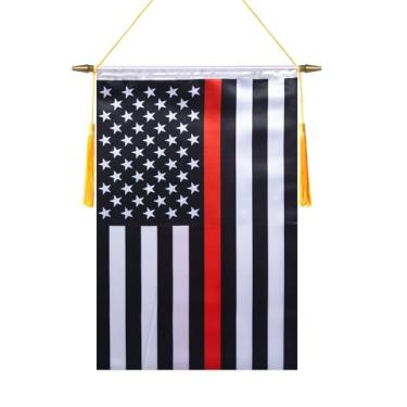 Imagem de TMHTMH Bandeira de parede de linha vermelha fina dos EUA 45,7 x 30,5 cm, poste de madeira e acabamento acetinado duplo, bandeira pendurada de bombeiro, para sala de casa, sala de aula escolar, clube e