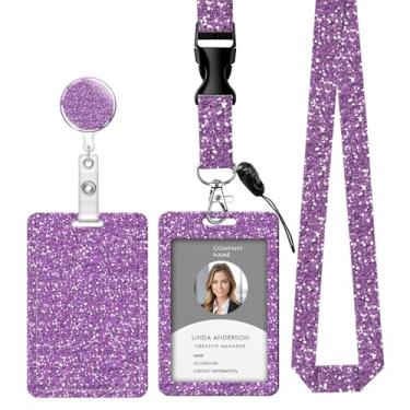 Imagem de Cordão retrátil para crachá de identificação com clipe e chaveiro, ajustável, bonito carretel de separação, durável, perfeito para mulheres enfermeiras, professoras e trabalhadoras de escritório (Roxo