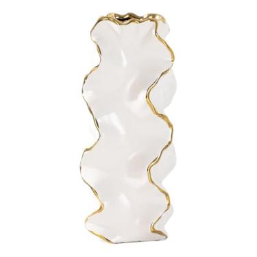Imagem de YUSHUIHOME Vaso de cerâmica com padrão ondulado e acabamento dourado | Casamento/decoração de casa de luxo moderno | Formato quadrado