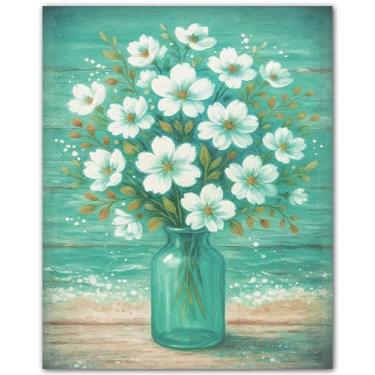 Imagem de Vaso floral aquarela rosa azul - decoração de parede azul-petróleo - arte de parede turquesa para sala de estar quarto banheiro - impressão de pôster aqua e cinza - arte de flores sem moldura 20 x 25