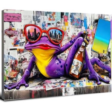 Imagem de Tela de arte de parede de grafite urbano de 40,6 x 61 cm, sapo roxo com óculos de sol, galeria de pintura, arte pop, decoração de arte de rua, fotos de quarto de crianças, pôsteres masculinos para