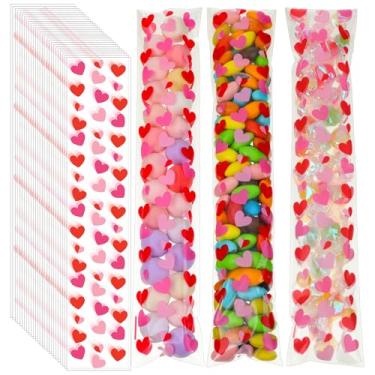 Imagem de Chiisong 100 unidades de sacos de celofane para dia dos namorados, sacos de celofane com lacre de coração vermelho, 5 x 25 cm, sacos de pretzel para biscoitos, sacos de guloseimas transparentes e