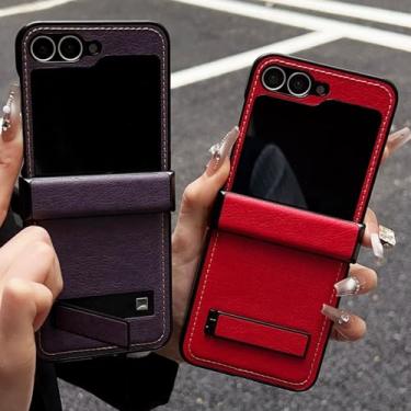 Imagem de Capa de couro de lichia de luxo com suporte para Samsung Galaxy Z Flip 6 5 4 com dobradiça e proteção do eixo central, cor sólida (para Galaxy Z Flip5/vermelho)