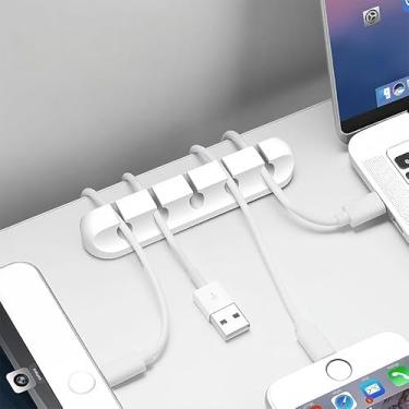 Imagem de Clipes de suporte de cabo, clipes de cabo organizador de fios com 5 compartimentos, suporte autoadesivo de gerenciamento de mesa para vários carregamentos/cabos de áudio/USB, perfeito para escritório