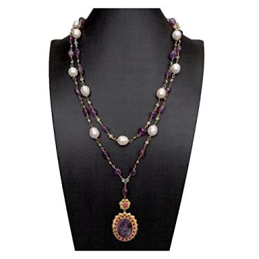 Imagem de URMIBDAI Colares femininos 2 fileiras pérola branca roxa ametista amazonita corrente colar pingente ametista 53 cm