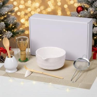 Imagem de LemonRoad Conjunto de batedor Matcha, conjunto de 9 peças de cerâmica Matcha inclui tigela de flores de cristal de gelo, batedor e suporte, colher de bambu, peneira, descanso de colher e tapete de chá