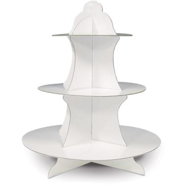 Imagem de Beistle Conjunto de suporte de exibição de sobremesa – Suporte de cupcake branco de 3 camadas e suportes de bolo de 1 camada, elegante mesa de petisco, decoração de buffet para casamentos