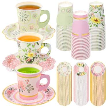 Imagem de Conjunto de 192 peças de xícaras de chá e pires descartáveis para decorações de festa de chá, 96 copos de papel florais e 96 pratos com alça e borda dourada para festa Bridgerton, chá de bebê