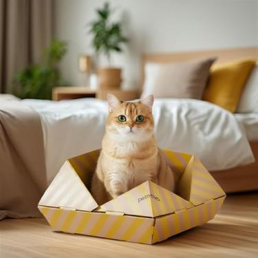 Imagem de Petnovo Caixa de arranhador dobrável para gatos e cama com inserção ondulada, estrutura à base de papel com acabamento listrado, almofada de papelão para gatos internos, Burlywood e amarelo, 47 x 47 x