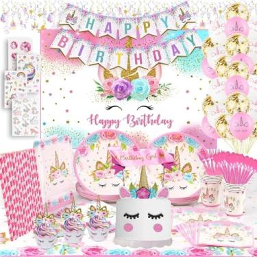 Imagem de Decorações de aniversário de unicórnio com pano de fundo para meninas - Artigos de festa de unicórnio serve 16 Inclui faixa de feliz aniversário, pano de fundo de unicórnio, guardanapos, pratos, topo