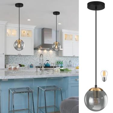 Imagem de KoKo&Yukina Globo de 15 cm Globo de Luz Pendente Globo Dourado Luminária de Cozinha Ilha de Meados do Século com Sombra de Vidro Cinza para Sala de Jantar