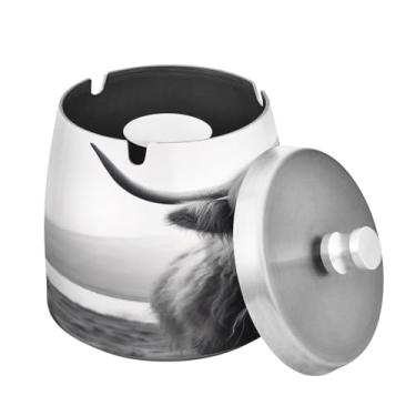 Imagem de Blueangle Cinzeiro engraçado de vaca escocesa Highland com tampa para cigarros, à prova de vento/chuva, aço inoxidável, sem fumaça, inodoro, cinzeiro para uso interno ou externo (181)