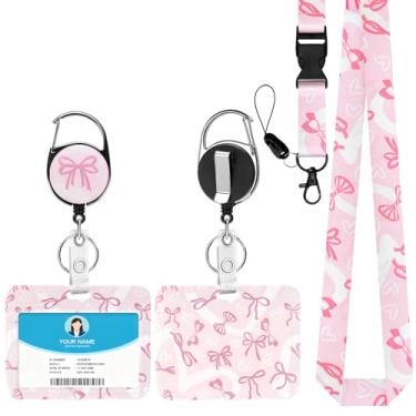 Imagem de Soleebee Porta-crachá de identificação com cordão, lindo laço de coração rosa, crachás de identificação horizontais e cordão destacável, chaveiro retrátil, carretel de crachá resistente para