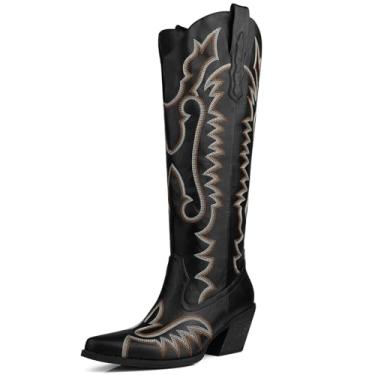 Imagem de DANAZANA Botas femininas de cano alto até o joelho, panturrilha larga, strass, botas caubói, bico fino, salto grosso, bordado brilhante, bota com meio zíper lateral, bota country brilhante, tamanho 6