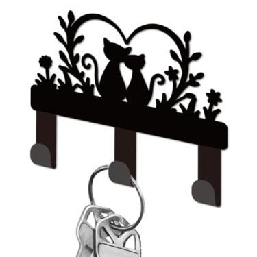 Imagem de DELORIGIN Suporte de chave Cat Love para parede, ganchos pretos de ferro para chaves de ramo de coração montado na parede com 3 ganchos, suporte para chaves de casa pequeno para bolsa de casa, coleira