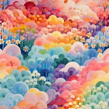 Imagem de MuralPeel Papel de parede colorido de fada arco-íris floresta nuvem sonhador autoadesivo removível fácil de descascar no papel de parede para locatário de armário de quarto