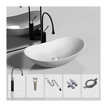 Imagem de YYBOES Pia de banheiro pia oval para vaso sanitário pia de vaso de banheiro de cerâmica, 51 cm x 30 cm "Acima da pia de porcelana com torneira preta e combinação de ralo pop-up, pia de vaso de corpo