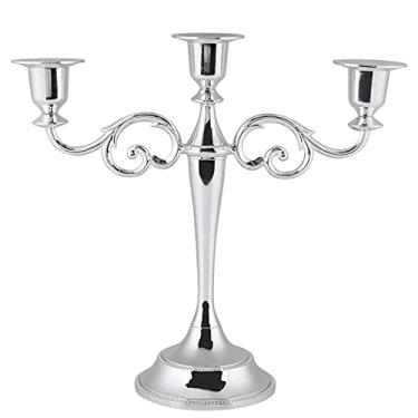 Imagem de Candelabros de metal estilo europeu elegante com 3 braços, candelabros de metal para decoração de casamento e iluminação doméstica, dourado e prateado, 25 cm de altura (Prata)