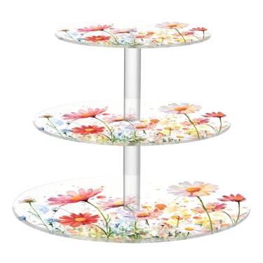 Imagem de CEBUGI Suporte de cupcake de 3 camadas, margaridas em aquarela, suporte redondo para bolo, torre, bandeja de servir em camadas de acrílico para chá, chá de bebê, casamento e mais