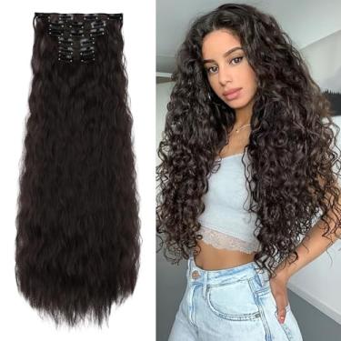 Imagem de Peruca de cabelo com clipe, 61 cm, 6 peças, extensões de cabelo sintéticas longas com clipe para mulheres (preto e marrom