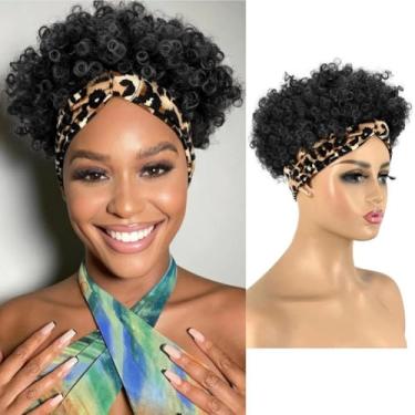 Imagem de Perucas curtas para mulheres negras, perucas afro para mulheres negras, faixa de cabeça, peruca com faixas de cabelo anexadas à peruca de abacaxi crespo e encaracolado
